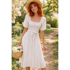 Paris Atelier & Other Stories Puff Sleeve Multicolor Metallic Stripe Dress Sz 6